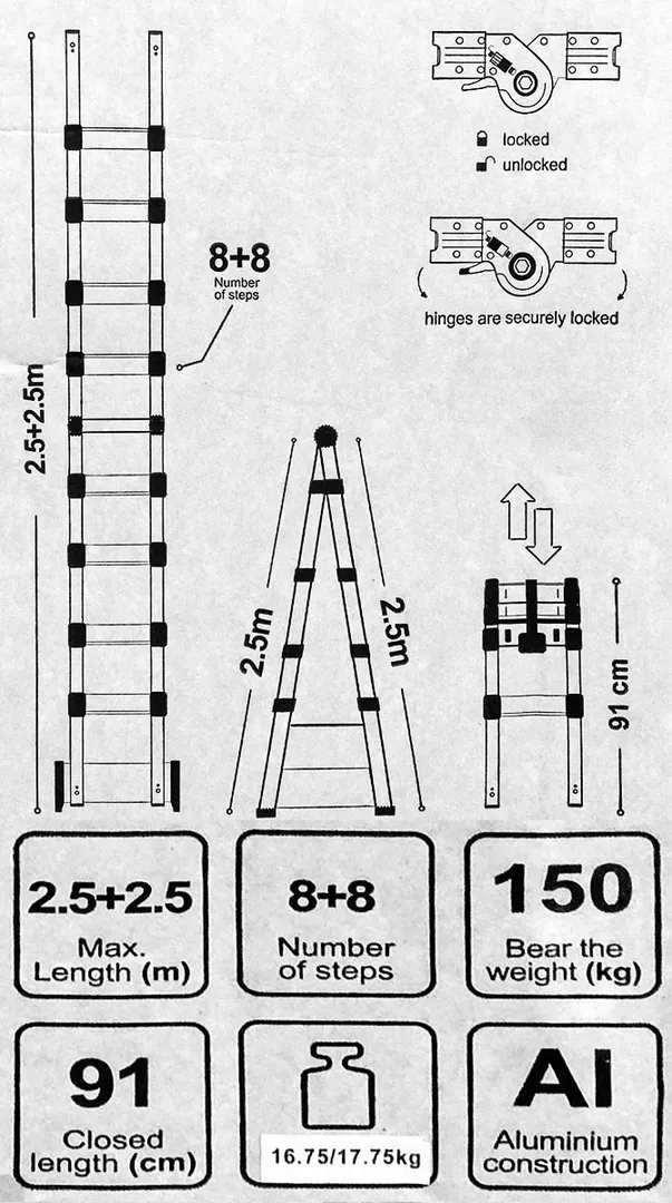 Лестница-стремянка телескопическая алюм. бытовая 2.5+2.5 м 8+8 ступ. Scheppach Sch-UP250-M