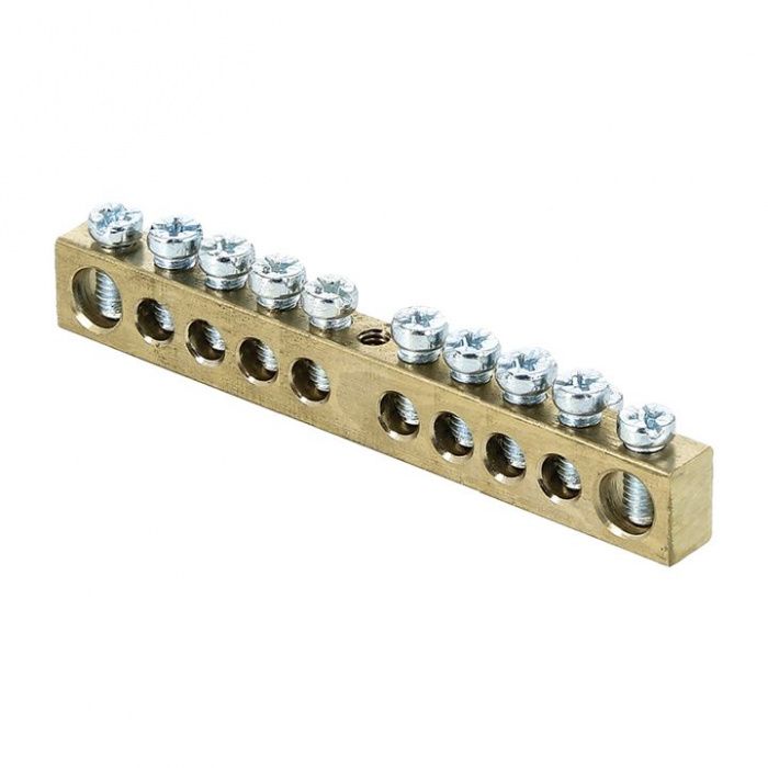 Шина PEN "ноль-земля" (8х12мм) 10 отверстий латунь крепеж по центру EKF PROxima sn0-125-10-c