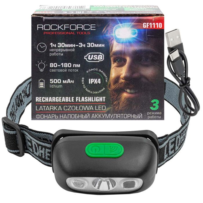 Фонарь светодиодный налобный аккумуляторный с сенсором бесконтактного включения 4 реж.раб., 500мАч RockForce RF-GF1110