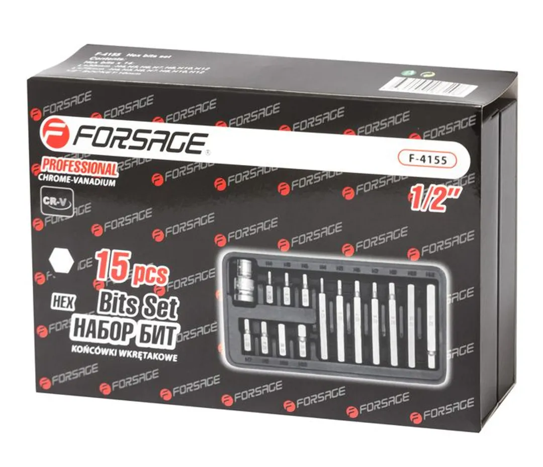 Набор бит HEX H4-12 с битодержателем 15 пр. 10 мм 30/75 мм Forsage F-4155(C)