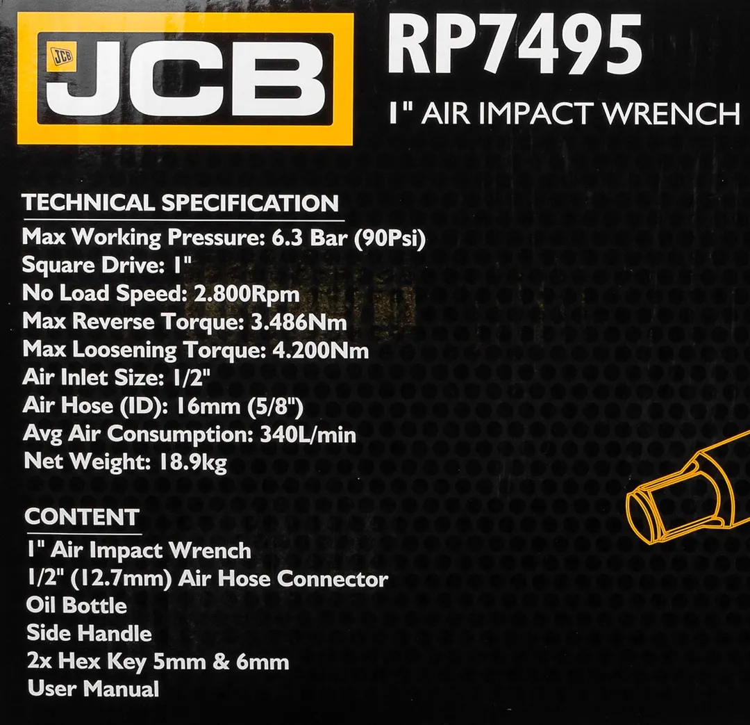 Пневмогайковерт ударный с длинным валом,реверсом и регулировкой усилия 1'', 3486/4200Hм, 2800 об/мин, 6.3bar, 340 л/мин, JCB JCB-RP7495