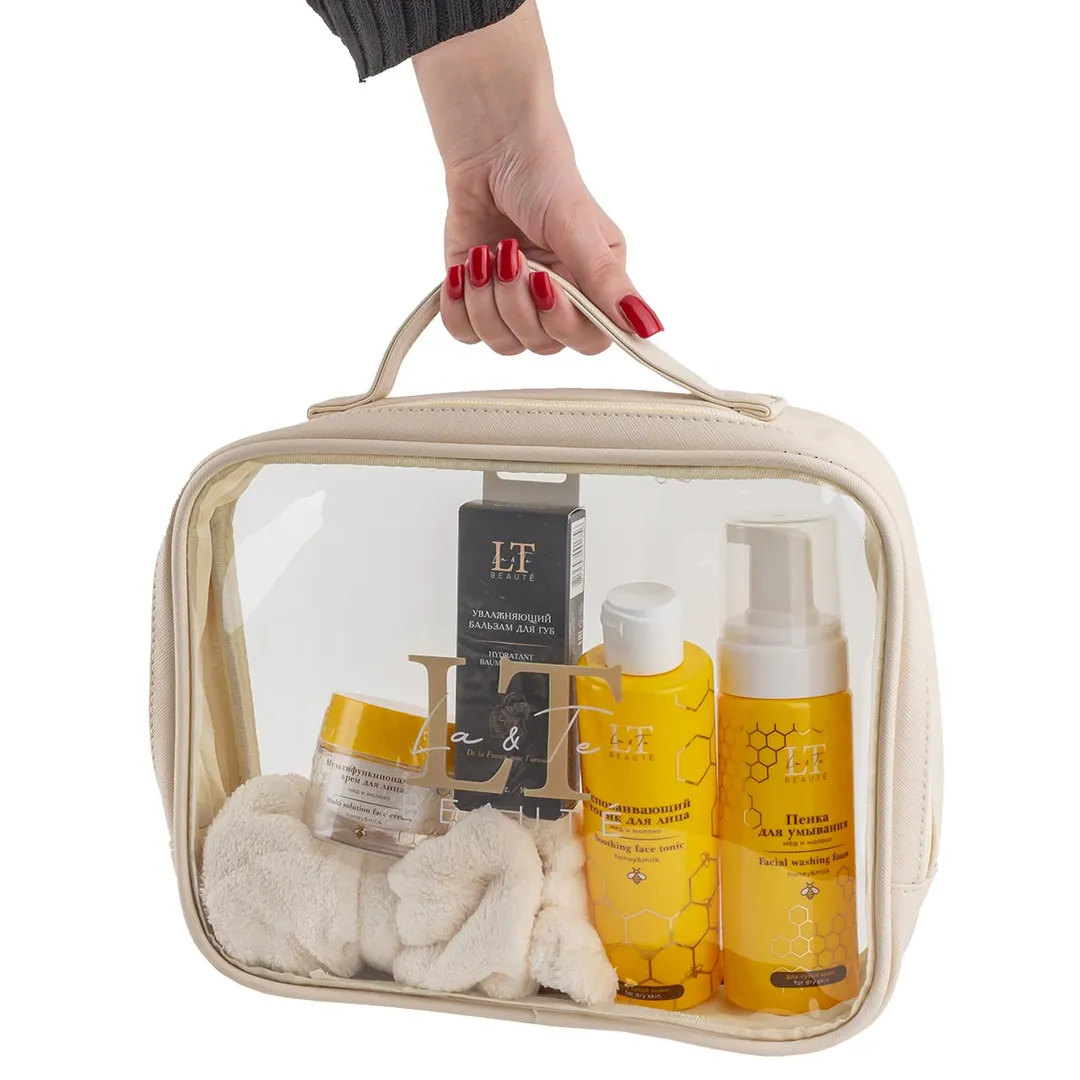 Набор по уходу за лицом для сухой кожи, тоник 1190, крем 1244, пенка 1251, бальзам 1756, повязка -бант белая, сумка-органайзер La and Te beaute LT-CB8