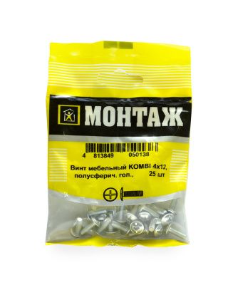 Винт мебельный 4х12, шлиц KOMBI, цинк, 25 шт МОНТАЖ BM001339