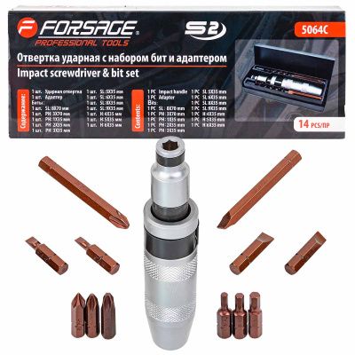 Отвертка ударная с комплектом бит и адаптером, набор 14 пр. Forsage F-5064C