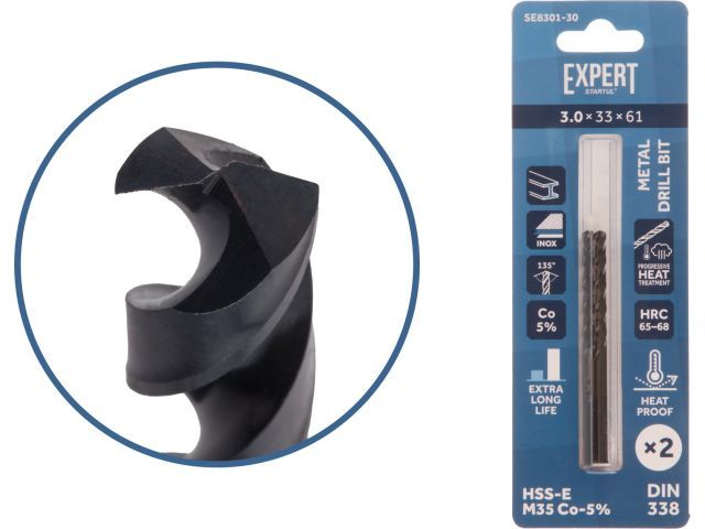 Сверло по металлу ц/х 3.0х33х61 мм HSS-Co, комплект из 2-х шт Black EXPERT STARTUL SE8301-30