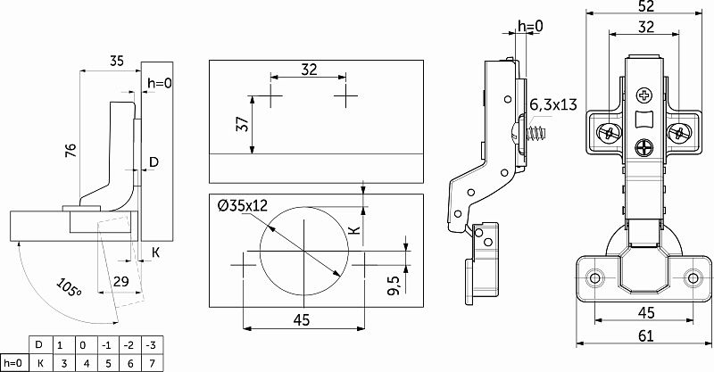 Петля внутренняя с доводчиком 45мм h0 clip-on, еврошурупы, заглушки, упак 2 шт., PRIME by AKS 113405