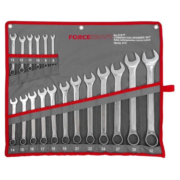 Набор ключей комбинированных 18 пр, 8-19, 21, 22, 24, 27, 30, 32 мм ForceKraft FK-5181P
