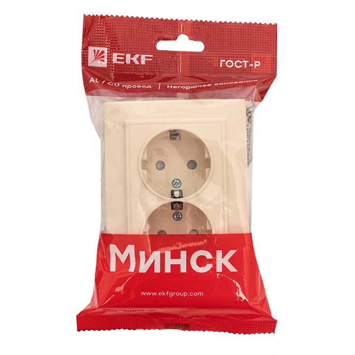 Розетка 2-мест, СП с/з 16А бежевый с защ, штор, Минск EKF ERR16-128-200