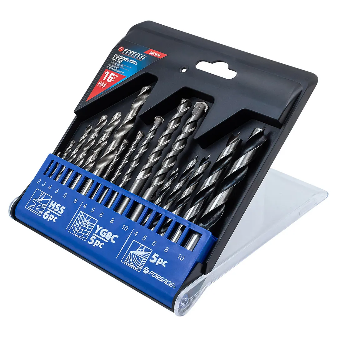 Набор сверл комбинированный 16 пр., по металлу: 2, 3, 4, 5, 6, 8 мм, по бетону: 4, 5, 6, 8, 10 мм, по дереву: 4, 5, 6, 8, 10 мм Forsage F-DBS16M