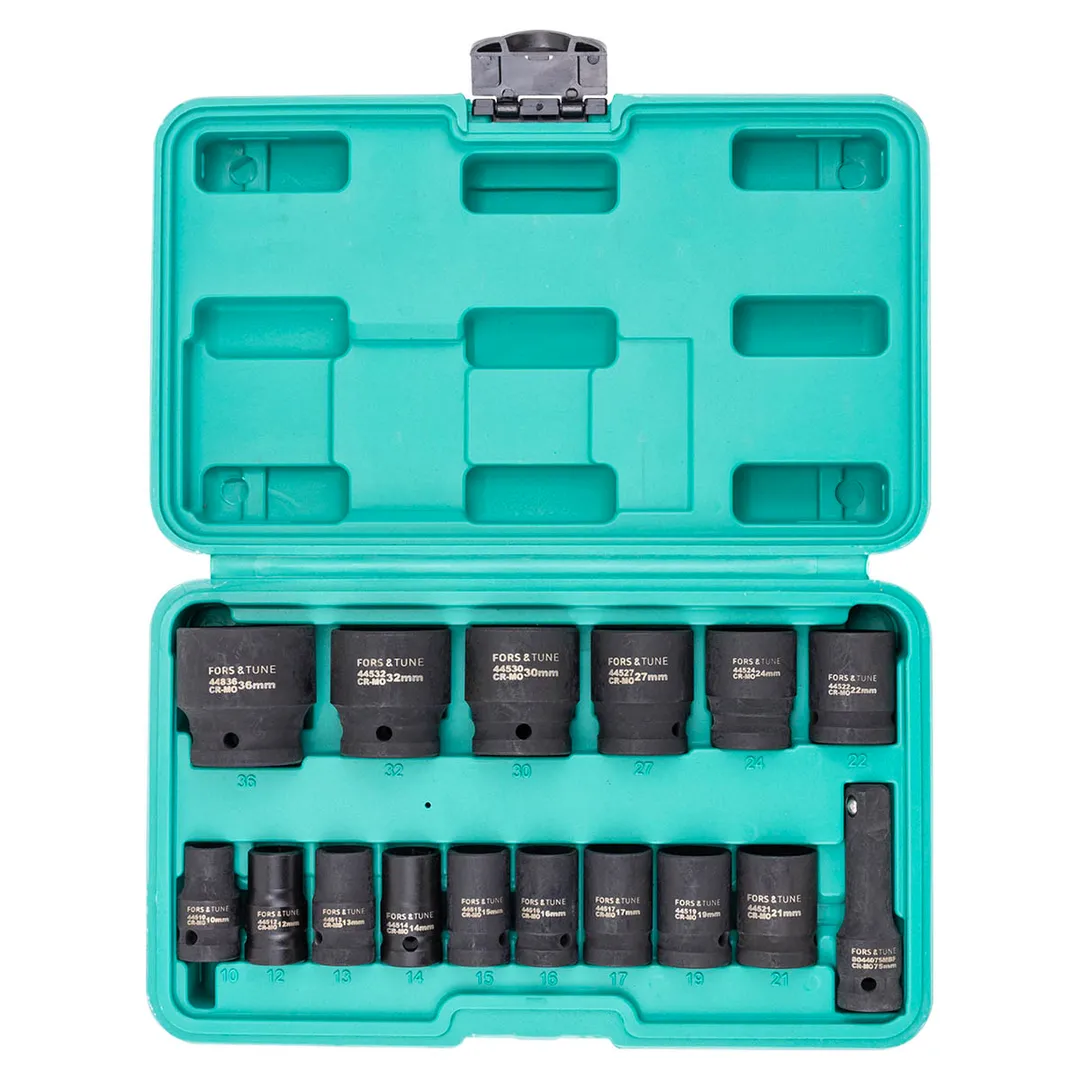 Набор ударных головок 10-32 мм 6-гр, 36 мм 12-гр, с удлинителем 75 мм, 1/2" 16 пр FORSandTUNE FORSandTUNE-4177-5MPB