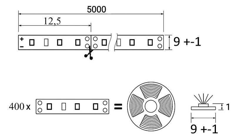 Лента светодиодная 19,2W/m, 12V, 10мм, 2835, 240 д/м, IP20, холодный белый, 6000K, CRI>80, 2000 Lm, 5м, AKS 125189