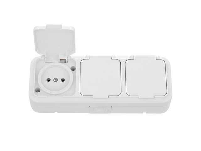 Розетка 3-ая (открытая, б/з, брызг. защ.) белая, Пралеска Аква, (IP54 пылебрызгозащищенные) Bylectrica РА16-0131