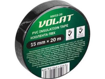 Изолента ПВХ 15ммх20м черная, 130 мкм ВОЛАТ 50015-20