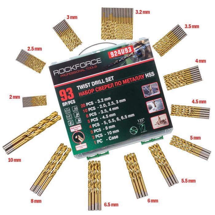 Набор сверл по металлу 93 пр. 2-10 мм RockForce RF-924U93