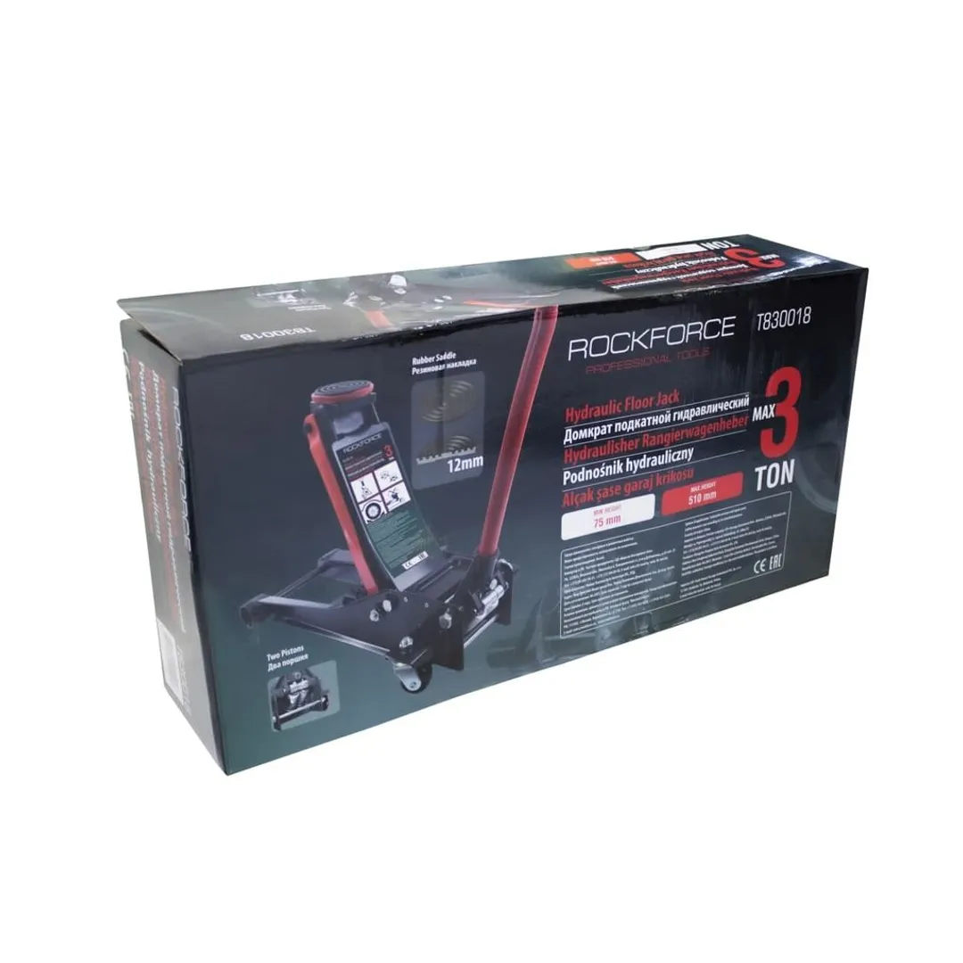 Домкрат подкатной гидравлический 3 т, 75-510 мм, низкопрофильный RockForce RF-T830018