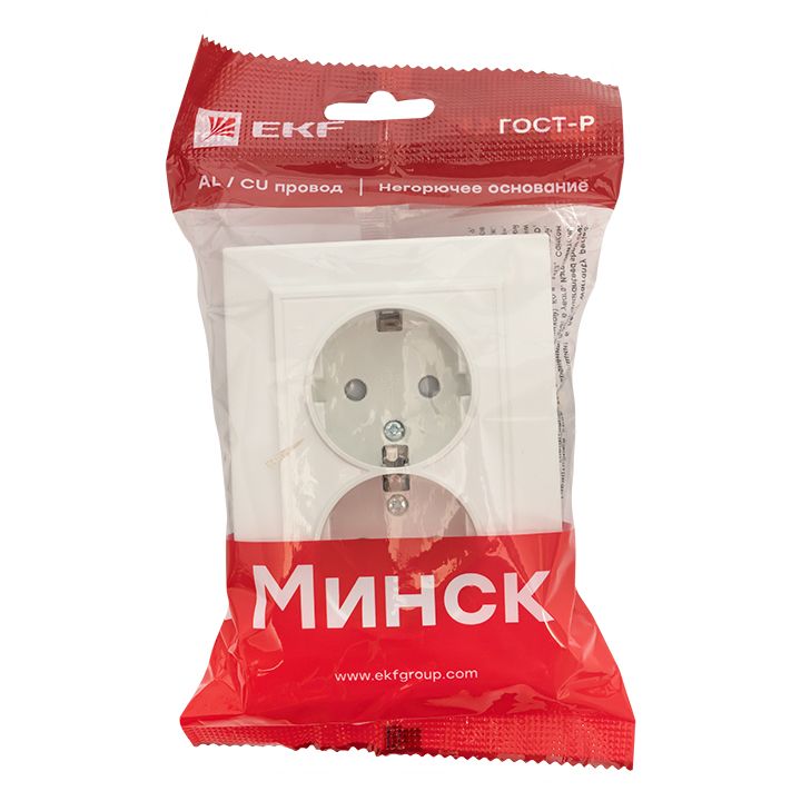 Минск Розетка 2-местная СП с заземлением 16А белая с защ, штор, EKF Basic ERR16-128-100