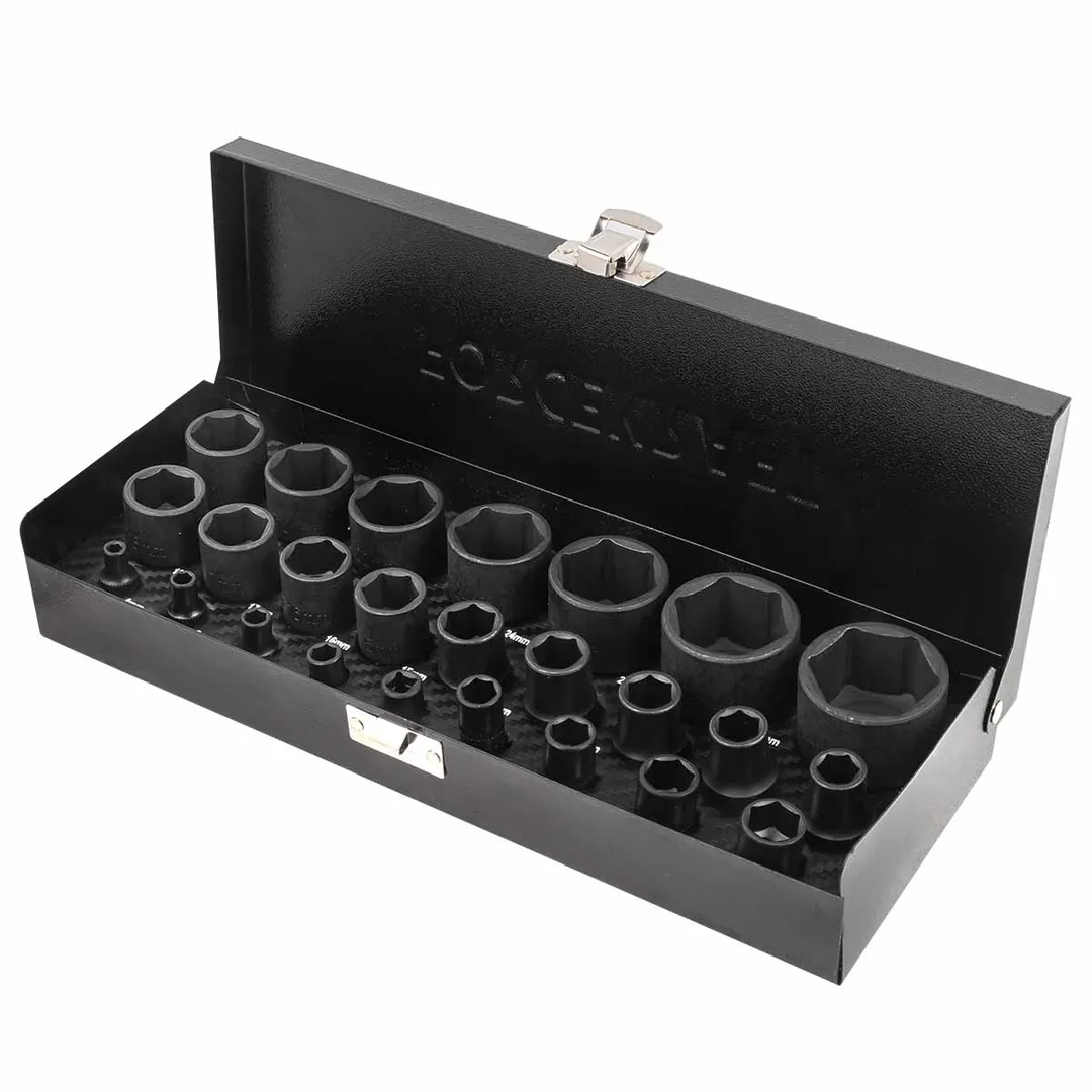 Набор головок ударных 25 пр. 1/4''&1/2'', 6-гр., 1/2'': 10-32 мм 1/4'': 4-13 мм, ForceKraft FK-50121K