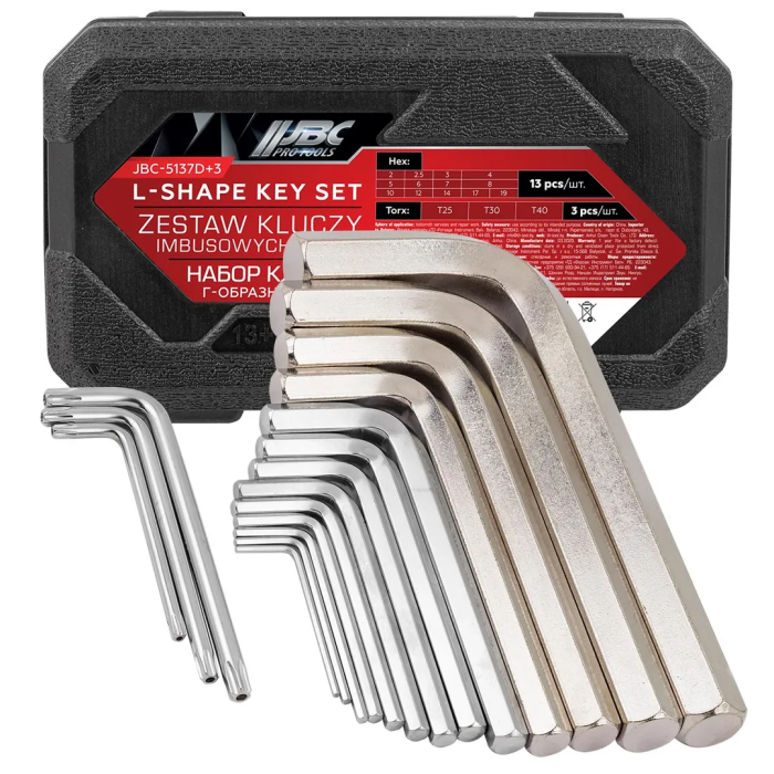 Набор Г-образных ключей HEX (6-гр) 2-19 мм, TORX T25, T30, T40 13+3 пр JBC JBC-5137D+3