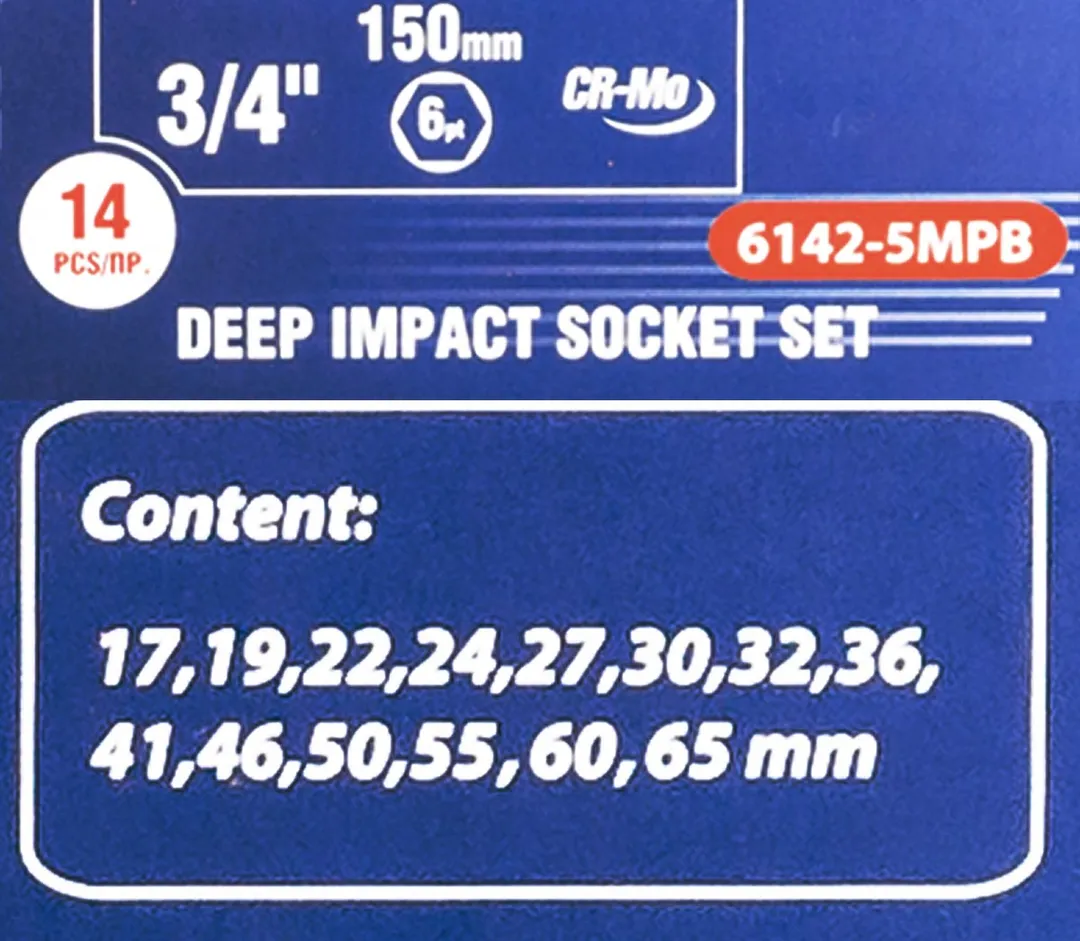 Набор головок ударных глубоких 3/4'' 14 пр 6-гр 17-65 мм в метал. кейсе Forsage F-6142-5MPB