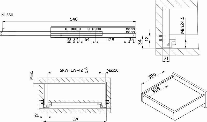 Направляющая скрытого монтажа L-550 с доводчиком ДСП до16mm насадной монтаж 3/4 с фиксаторами AKS 118276