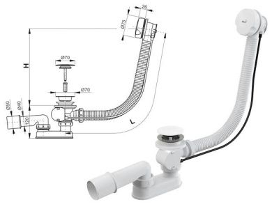 Сифон для ванны автомат комплект, белый, Alcaplast A51BM
