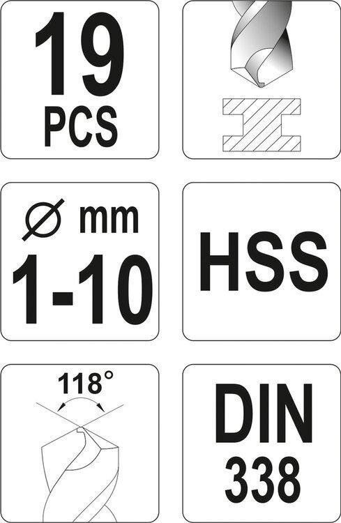 Набор сверл по металлу 1,0-10,0 мм HSS 19 пр. Yato YT-4462
