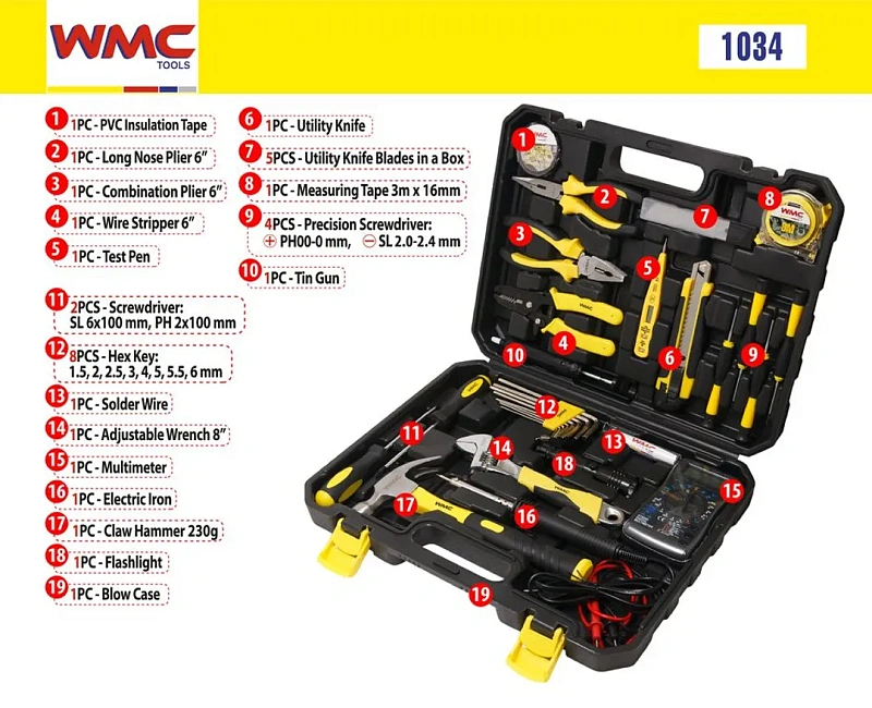 Набор инструментов для электрика 34 пр WMC TOOLS WMC-1034