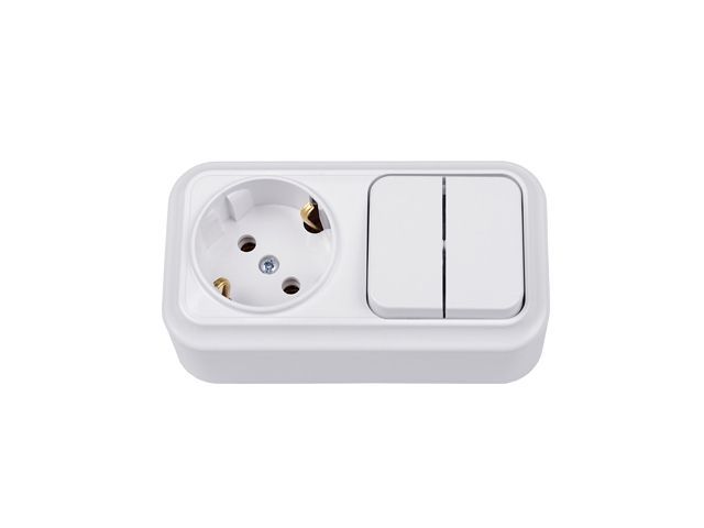 Блок выкл. 2 клав. + розетка (открытая, с/з) белая, Вариант, Bylectrica 2В-РЦ-7122