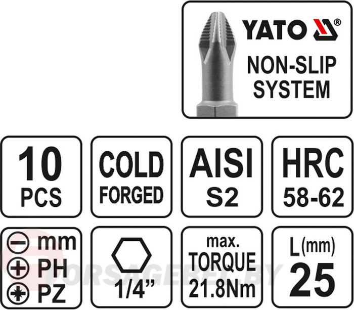 Набор бит SL, PH, PZ, 1/4''х25 мм 10 пр. S2 HRC58-62 Yato YT-0482