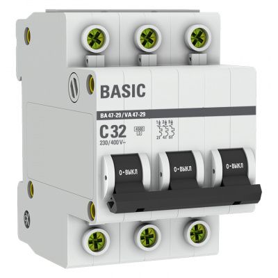 Автоматический выключатель 3P 32А (C) 4,5кА ВА 47-29 Basic mcb4729-3-32C