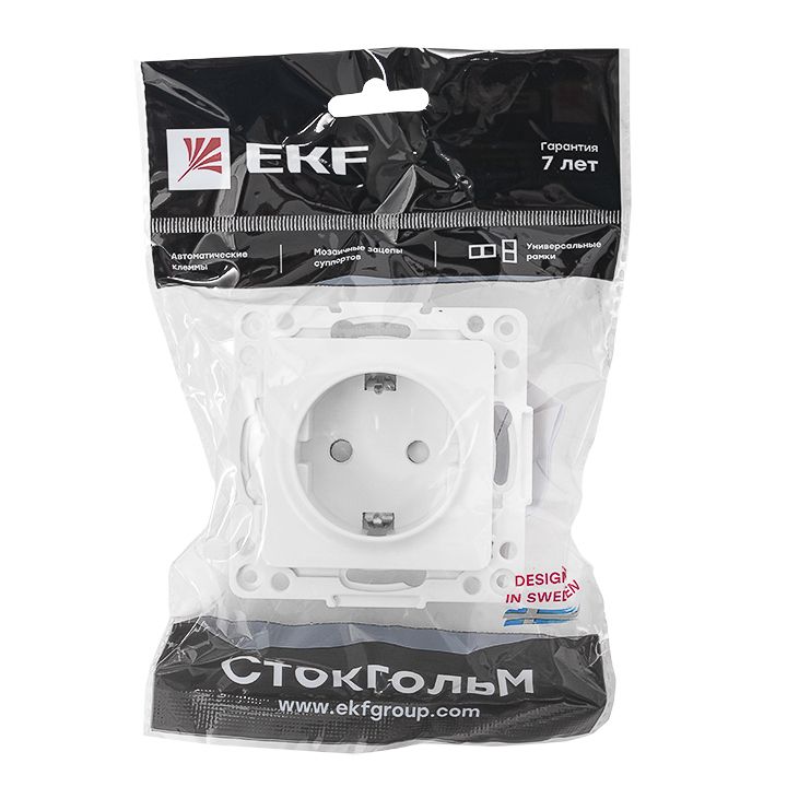 Стокгольм Механизм Розетки 1-местной с/з 16А автоматические клеммы белый с защ, штор, EKF PROxima EYR16-028-10
