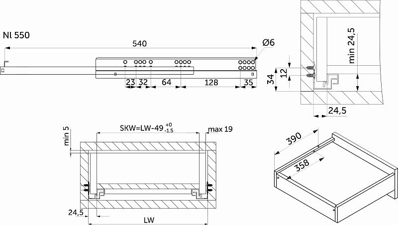 Направляющая скрытого монтажа L-550 с доводчиком ДСП до19mm насадной монтаж 3/4 с фиксаторами AKS 118577
