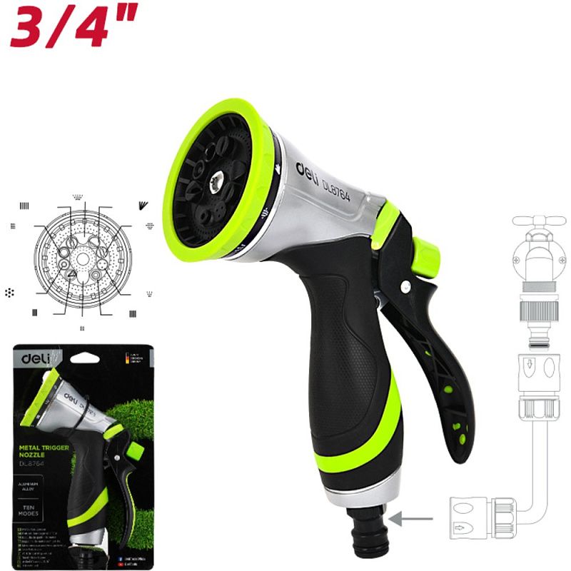 Пистолет-распылитель Deli GS EDL8764, 10 функций, быстросъем, фиксатор курка, корпус аллюм., черный, зеленый