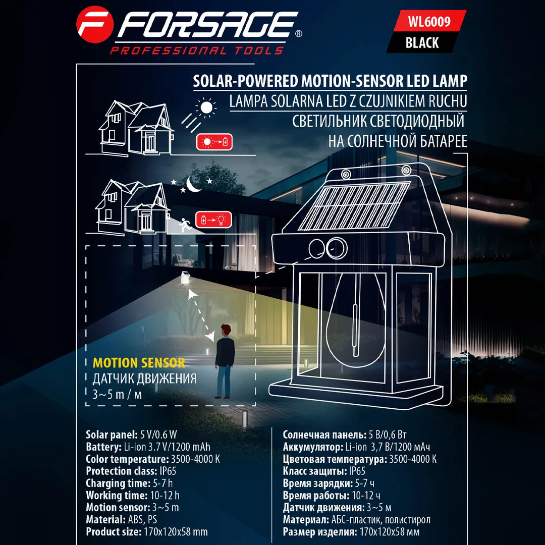 Светильник светодиодный на солнечной батарее с датчиком движения, черный Forsage F-WL6009 Black