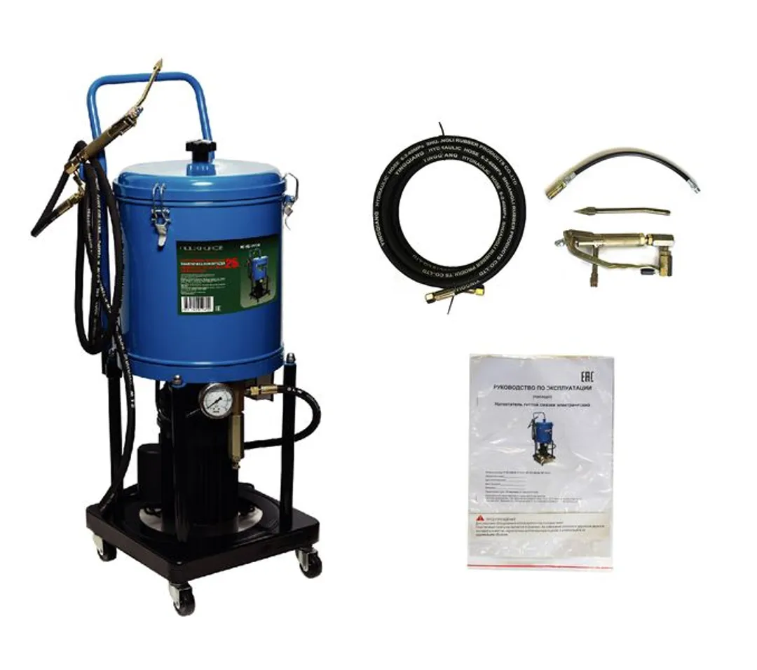 Нагнетатель густой смазки электрический 25 л, 220V, 1, 1кВт, 0, 35 л/мин, 250-400 Bar, длина шланга 4м, раб.t-10гр.+50гр RockForce RF-HG-69230