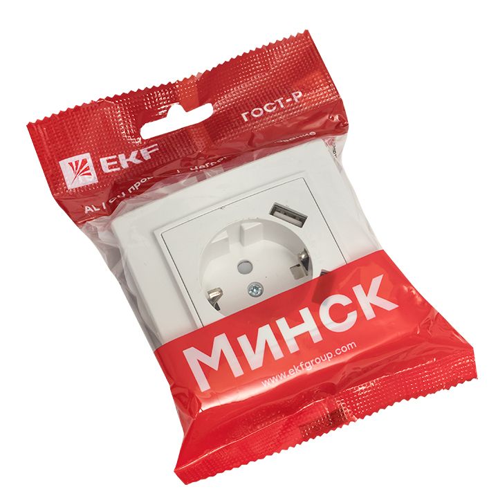 Минск Розетка 1-местная СП с/з 16А белая с защ, штор, с 2 USB 2,1А EKF ERR16-028-100-2USB