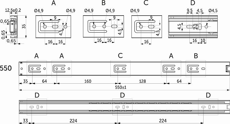 Направляющая шариковая L-550 h35 A GRIDLI 111317