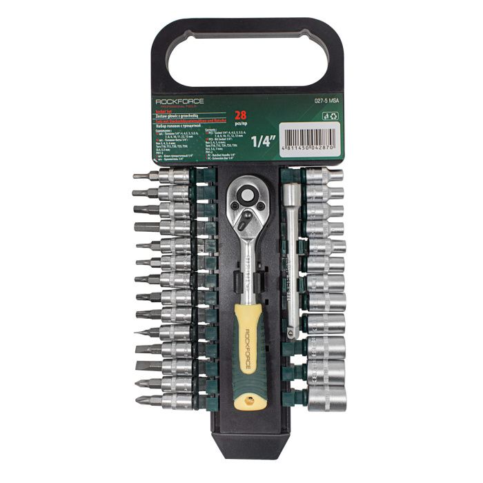 Набор головок-бит с трещоткой 6-гр. 28 пр. 4-13 мм 1/4'' RockForce RF-027-5MSA
