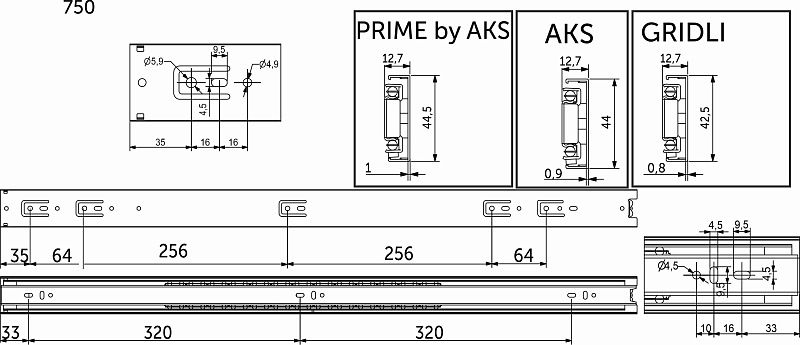 Направляющая шариковая L-750 h=45 AKS PLUS 83079