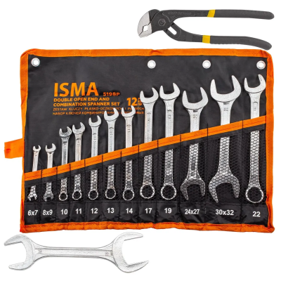 Набор комбинированных 10-22 мм и рожковых ключей 6х7, 8х9, 24х27, 30х32, 36х41 мм, пассатижи, 14 пр ISMA ISMA-5198P+2