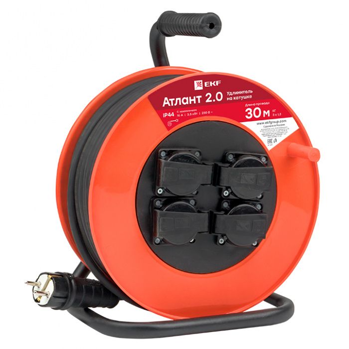 Удлинитель на катушке "Атлант 2,0" 4 гнезда 30м с заземлением КГ 3*1,5 16А/3,5кВт IP44 PROxima EKF UKA02-16-315R-4-30-IP44
