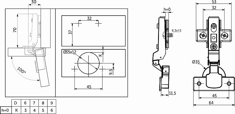 Петля полунакладная с доводчиком 45мм h0 clip-on, еврошурупы, AKS 113513