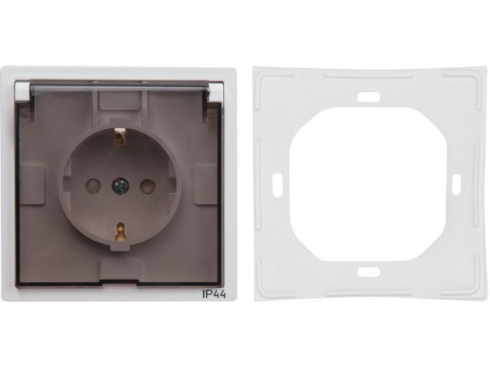 Розетка 1-ая с з/к крышкой прозрачн (скрытая, с/з, з/ш, брызг. защ.) белая, Carre, Bylectrica РС16-0636