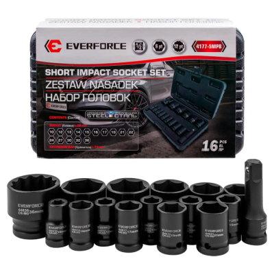 Набор ударных глубоких головок 10-36 мм 1/2'' 6-гр&12-гр 16 пр EVERFORCE EF-4177-5MPB