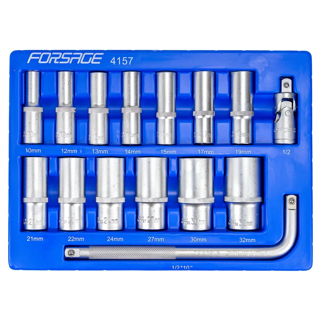 Набор головок глубоких 15 пр. 1/2" 10-32 мм 6-гр в ложементе Forsage F-4157