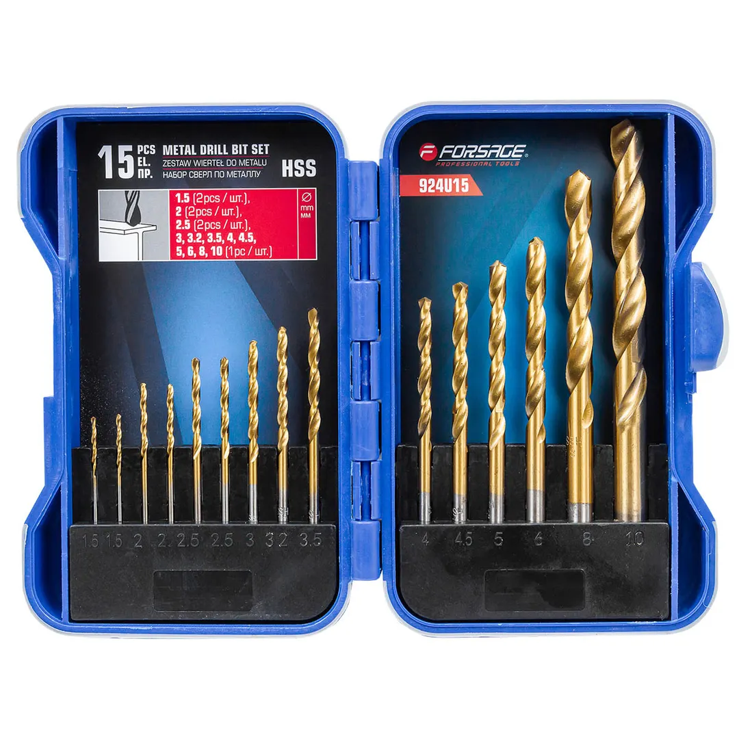 Набор сверл по металлу 15 пр, 1.5 - 2 шт, 2 - 2 шт, 2.5 - 2 шт, 3, 3.2, 3.5, 4, 4.5, 5, 6, 8, 10 мм Forsage F-924U15