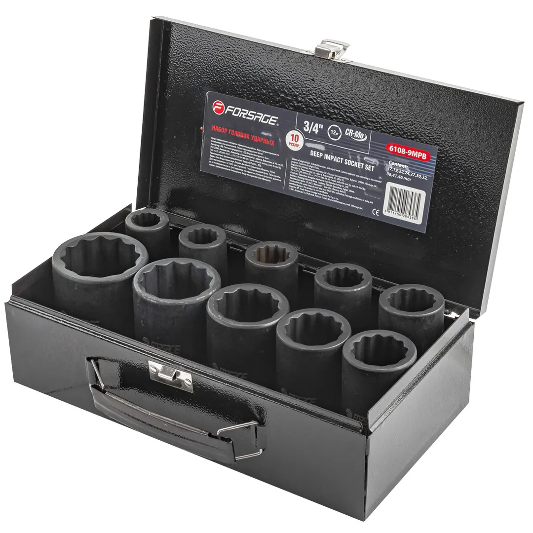 Набор головок ударных глубоких 17-46 мм 3/4'' 12-гр 10 пр Forsage F-6108-9MPB
