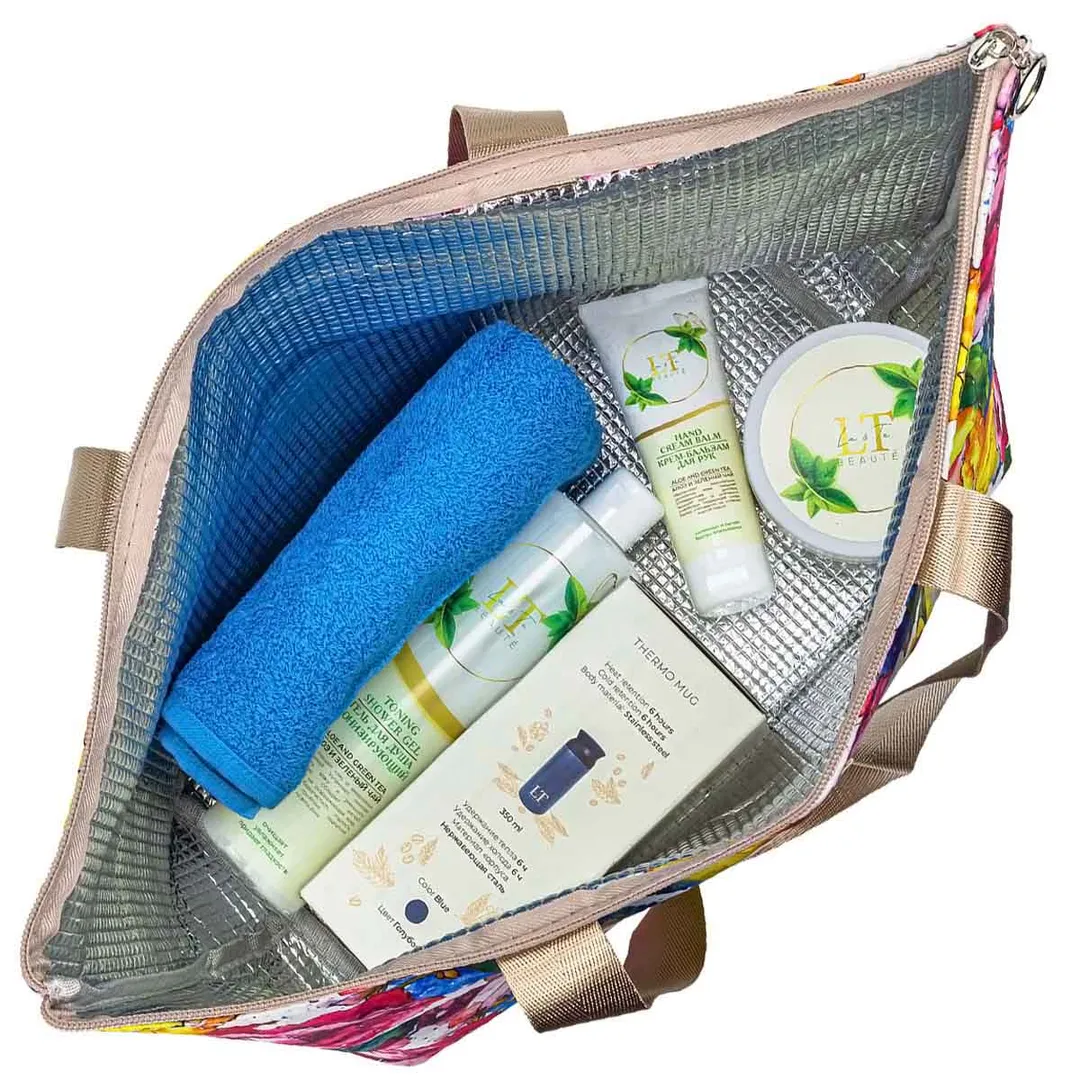 Набор Алоэ и Зеленый чай, термосумка LT-BB2, крем для тела, крем бальзам для рук, гель для душа, термокружка голубая, полотенце в ассотрименте La and Te beaute LT-21Bag