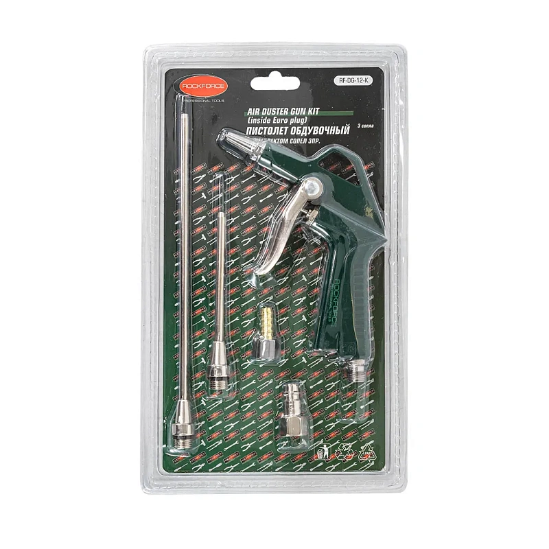 Пистолет обдувочный с комплектом сопел 20, 90, 165 мм 3 пр, штуцер под б/с, штуцер елочка 8 мм RockForce RF-DG-12-K