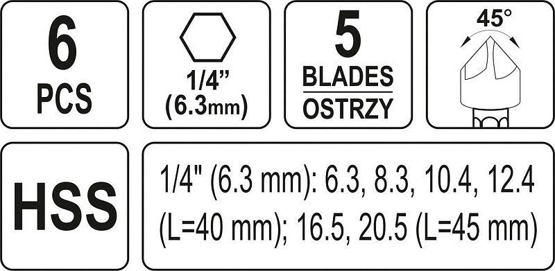 Набор конусных сверл, зенкер d6.3-20.5 мм., хвостовик HEX 6 пр. Yato YT-44729